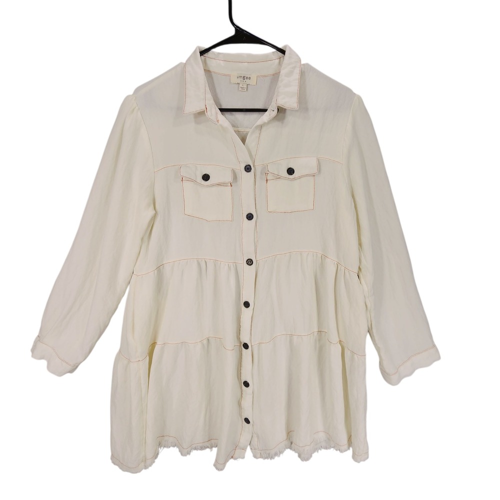 Umgee Boho Tunic Top sz L Women Cream Button Down Tiered Long Sleeve Gauzy Flowy